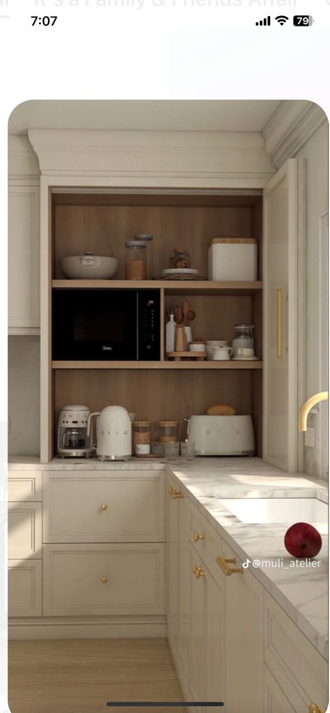 Nook With Cabinet And Shelves, Kitchen Coffee Nook Ideas, Small Kitchen Utility Ideas, Kitchen Shelves For Cookbooks, Small Classic Kitchen Ideas, Romantic Kitchen Ideas, Small Classic Kitchen, Small Square Kitchen Ideas, Microwave Nook