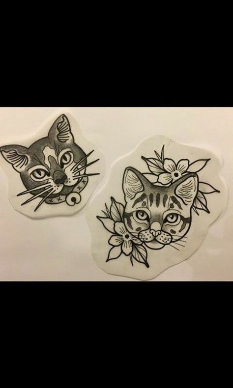 Traditional Cat Tattoo Black And White, Pet Tattoos Traditional, Cat Portrait Tattoo Traditional, Simple Neotraditional Tattoo, Traditional Style Cat Tattoo, Trad Cat Tattoo, Old School Cat Tattoo, Traditional Black Cat Tattoo, Tradional Tattoo Ideas