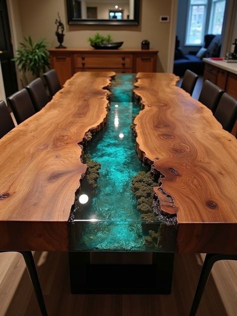 Live edge, epoxy river dining table. It's crazy how the epoxy is done in such a way that it looks like there's a bit if a drop in the middle, but there's not... smooth sailing. This is a true artist my friends. #woodslab #woodcarving Black Epoxy River Dining Table, Live Edge Tables With Epoxy, Resin River Table Diy, Live Edge Epoxy Dining Table, River Tables Epoxy, Live Edge Epoxy Table, River Dining Table, Live Edge Epoxy, Epoxy Dining Table