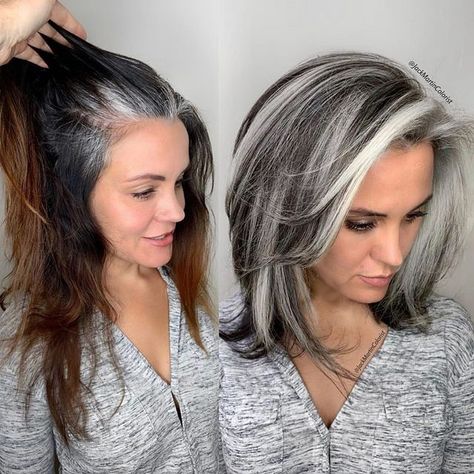 Beauty Launchpad on Instagram: “Another amazing transformation from @jackmartincolorist 🔥🔥🔥 #beautylaunchpad • Some ladies they only have heavy grey around their front…” Brown Hair Pictures, Hair Color Ideas For 2023, Silver Hair Color Ideas, Dark Grey Hair, Trendy We Fryzurach, Grey Hair Transformation, Hair Highlights And Lowlights, Silver Hair Color, Blending Gray Hair