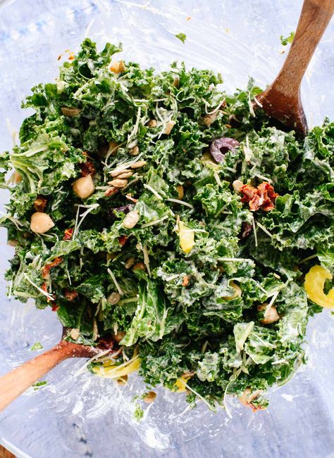 This hearty Greek kale salad packs great for lunch! cookieandkate.com Greek Kale Salad, Cookie And Kate, Kale Salad Recipes, Tahini Dressing, Think Food, Kale Salad, Side Salad, Tasty Recipes, Healthy Salad Recipes