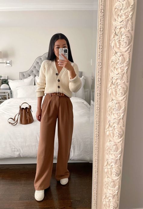 Casual Outfit With Dress Pants, Dress Pants Fall Outfit, Dress Down Dress Pants, Professional Outfit Sneakers, Trousers And Tennis Shoes, Wide Leg Trouser With Sneakers, Wide Leg Trousers Outfit Sneakers, Wide Long Pants Outfit, Cardigan And Dress Pants Outfit