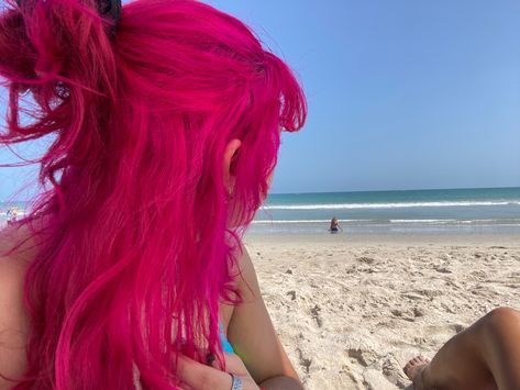 pink hair, beach Pink And Green Hair Ideas, Pink To Orange Hair, Hair Colors Colorful, Hot Pink Hair Aesthetic, Pink Hair Costume, Hot Pink Hair Dye, Pink Hair Curly, Berry Pink Hair, Bright Colored Hair