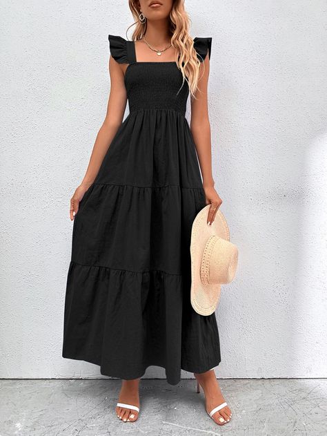 Simple Long Summer Dress, Long Dresses Casual Maxi Simple, Vestido Casual Juveniles, Black Sundress With Ruffle Hem, Casual Black Ruffle Hem Dress, Summer Black Sundress With Ruffles, Black Tiered Summer Dress, Boho Maxi Dress Outfit, Black A-line Beach Dress