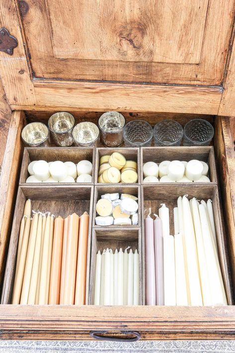 How to Store and Organize Candles How To Store Candles, Candle Organization Storage, Organize Candles, Candle Storage Ideas, Candle Storage, Amour Art, Colored Taper Candles, Basement Room, Candle Organization