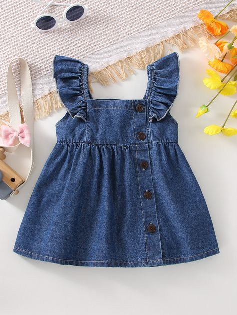 Dark Wash  Collar Sleeveless Denim Plain Dress Embellished Non-Stretch  Baby Clothing Baby Denim Dress, Kids Denim Dress, Vestidos Jeans, Girls Denim Dress, Frocks For Kids, Blue Jean Dress, Denim Baby, Kids Dress Wear