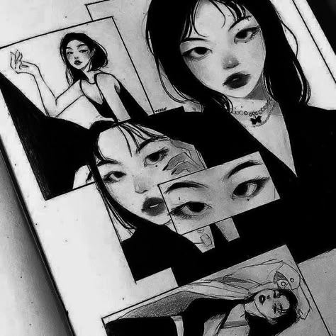 an image of a woman's face in black and white with different pictures on it