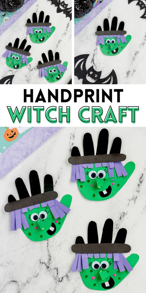 This handprint witch is a fun and simple Halloween craft idea! Purple hair, a crooked nose, and warts complete this friendly witch craft. Simple Halloween Crafts For Kindergarten, Simple Witch Craft, First Grade Halloween Crafts Easy, Halloween Crafts For Nursing Home Residents, Preschool Crafts For Halloween, October Crafts For 1st Grade, Witch Craft For Preschoolers, Handprint Witch Craft, Handprint Witch