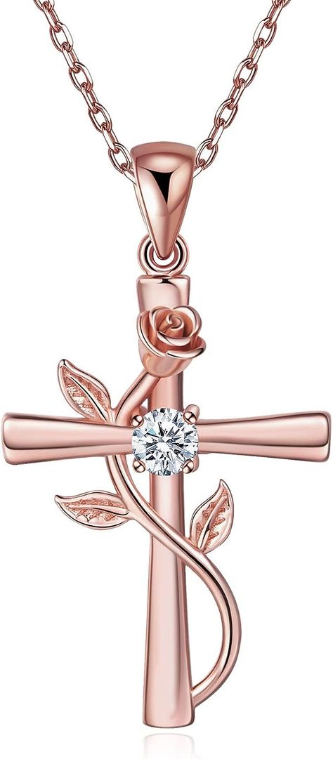 Amazon.com: BlingGem Cross Necklace for Women Rose Cross Pendant Rose Gold-Plated 925 Sterling Silver Flower Necklace Romantic Love Jewelry Gift for Women Wife Mom : Clothing, Shoes & Jewelry Mom Clothing, Sterling Silver Flower Necklace, Cross Necklace For Women, Religious Cross, Anniversary Jewelry, Popular Jewelry, Sterling Silver Flowers, Pendant Design, Rose Gold Necklace