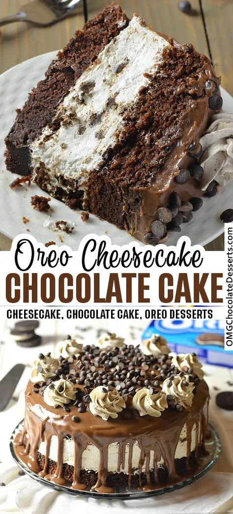 Creamy no-bake Oreo cheesecake filling sandwiched between rich, moist chocolate cake dripping with a milk chocolate ganache. Oreo Moose Dessert, Oreo Cheesecake Chocolate Cake, Cheesecake Chocolate Cake, Cheesecake Cake Recipes, Chocolate Oreo Cake, No Bake Oreo Cheesecake, Dessert Cakes, Cheesecake Chocolate, Decadent Chocolate Cake