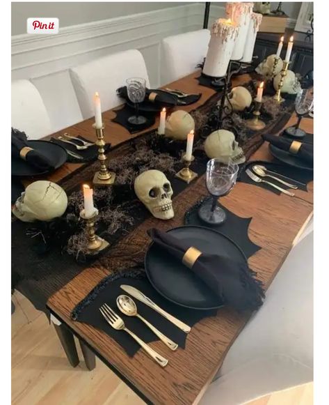 Halloween Decor Buffet Table, Skeleton Table Decor, Elegant Halloween Table Decor, Halloween Formal Dining Table, Elegant Halloween Table Settings, Black Halloween Table Decor, Halloween Diner Decor, Halloween Decoration Table, Halloween Dinning Room Decorations