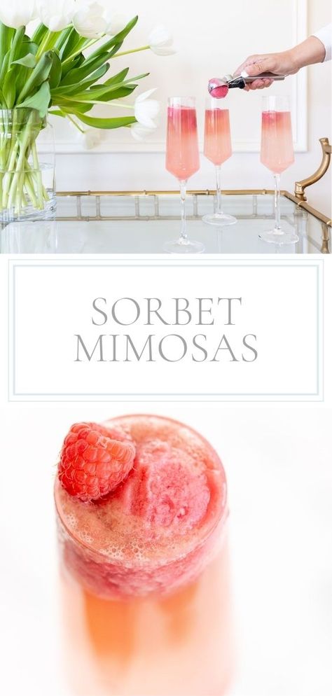 Beautiful to serve and so delicious to drink, these sorbet mimosas are perfect for your next celebration! Use sherbet or sorbet to create a creamy, festive version of a mimosa that your guests are going to adore. Best Meals To Serve Guests, Sorbet Alcohol Drinks, Manis And Mimosas Party, Golden Shimmer Mimosa, Mothers Day Mimosas, Unique Mimosas, Sherbert Mimosa, Sherbet Mimosas, Pink Mimosas