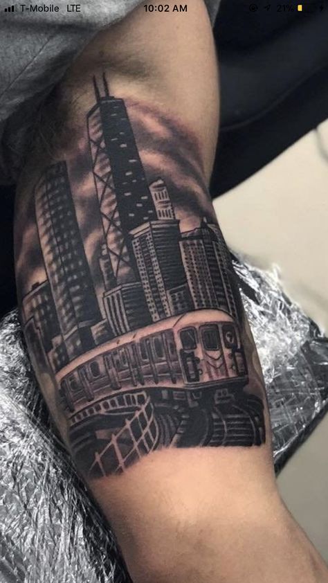 Chicago Themed Tattoos, City Scape Tattoo, Boston Skyline Tattoo, Boston Tattoo Ideas, Chicago Skyline Tattoo, Upper Half Sleeve Tattoos, Boston Tattoo, Family Tattoos For Men, Skyline Tattoo