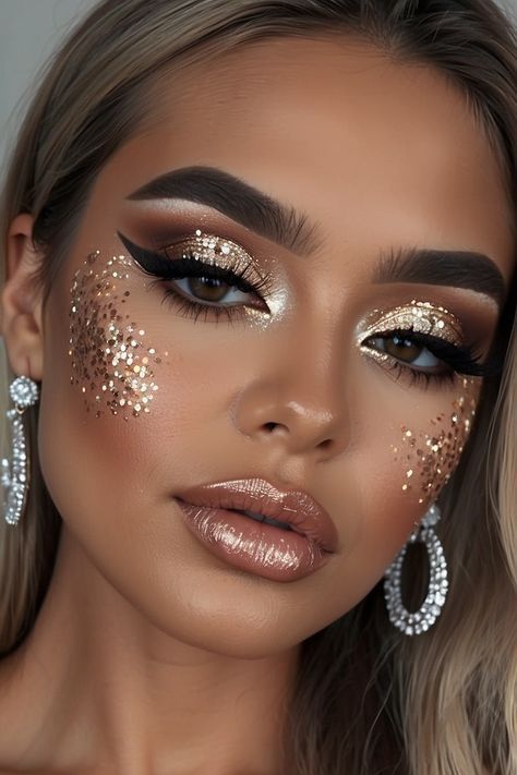 Beauty and Makeup: #beauty, #makeup, #skincare Glittery Prom Makeup, Golden Makeup Look Glam, Gold Goddess Makeup, Gold Glam Makeup, Golden Makeup Look, Grad Makeup, Prom Makeup Look, Glittery Makeup, Gold Glitter Makeup