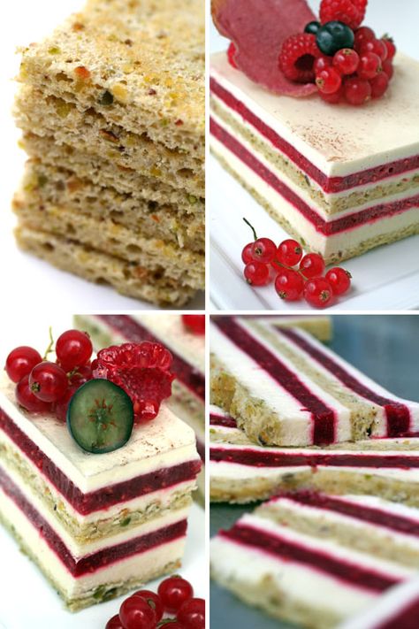 Strawberry Pistachio, Pistachio Raspberry, Patisserie Fine, Opera Cake, Dessert Original, Raspberry Coulis, Bavarian Cream, French Desserts, Layered Cake