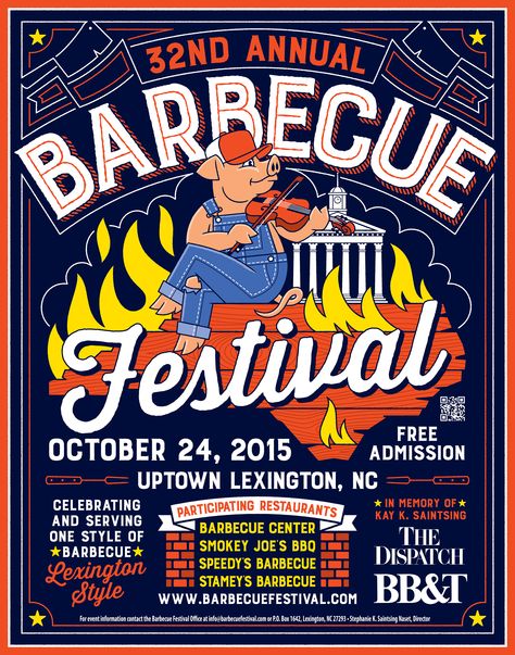 BBQ FESTIVAL TO BE HELD IN LEXINGTON, NC. MMM GOOD! ***Will someone pls remind me to order a poster...I'm not carrying one around ask day. Yuck! Restaurant Collateral, Bbq Poster, Bbq Festival, Lexington Nc, Food Fest, Slow Cooked Meat, Festival Logo, Tar Heel, Festival Music