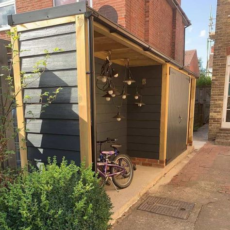 Shed For Small Backyard, Storage Ideas For Backyard, Covered Storage Outdoor, Storage Backyard Ideas, Lawn Equipment Storage Shed, Modern Shed Storage, Sup Storage Shed, Build Bike Shed, Small Backyard Storage Shed