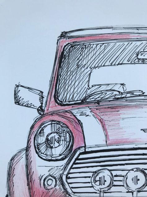 Mini Cooper (1992) - Original Ink Sketch -  #cooper #Ink #Mini #Original #sketch Croquis, Mini Ink Drawings, Mini Cooper Painting, Mini Cooper Sketch, Mini Car Drawing, Mini Cooper Tattoo, Aesthetic Car Drawing, Mini Cooper Drawing, Car To Draw