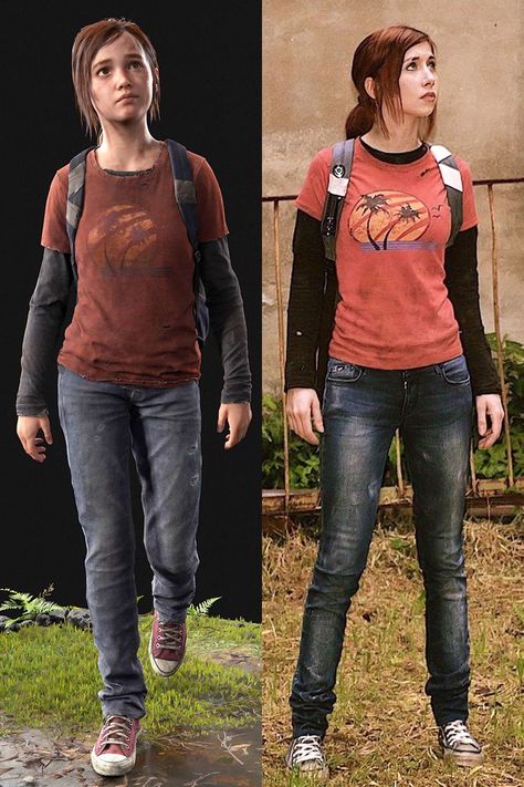 Ellie fromThe Last of Us Halloween costume idea and original outfit Game Characters Costume, Joel And Ellie Halloween Costume, Easy Halloween Looks Costume Ideas, Ellie Tlou Halloween Costume, Character Costume Ideas Women, Brunette Cosplay Ideas, Easy Simple Costumes, Video Game Costume Ideas, Last Of Us Halloween Costume