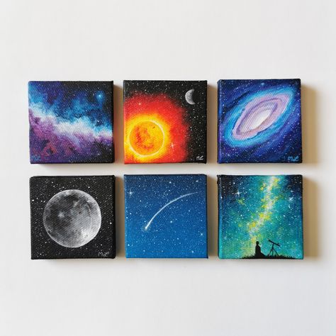 I enjoy painting tiny space themed art these are 2x2 inches Burned Canvas Art, Space Painting Aesthetic, Space Art Acrylic, 3 Small Canvas Painting Ideas, Canvas Painting Ideas Space, Tiny Acrylic Painting Mini Canvas, Painting Ideas On Canvas Space, Space Painting Ideas On Canvas, Space Painting Ideas Easy