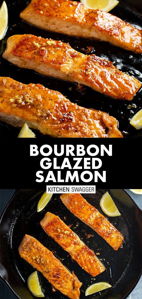 Bourbon salmon recipe. Bourbon glazed salmon is a really simple and delicious salmon recipe served with a sticky and sweet orange, honey and bourbon-based sauce. It's savory and so easy to pull together in 15 minutes. #salmonrecipes #glazedsalmon #bourbonglazedsalmon Sweet Bourbon Salmon, Salmon Recipes Bourbon Glaze, Honey Bourbon Salmon Glaze, Bourbon Salmon Recipes Baked, Bourbon Sauce For Salmon, Cheddars Bourbon Glaze Salmon Recipe, Bourbon Salmon Glaze, Honey Bourbon Glazed Salmon, Jack Daniels Salmon Recipe