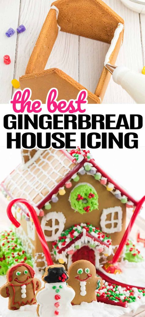 If you want the ultimate gingerbread house this holiday season then you're going to need The Best Gingerbread Icing to build and decorate it! #RealHousemoms #gingerbread #ginerbreadhouse #icing #royalicing #christmas #holidays #candy #kidactivity Gingerbread House Designs Ideas Easy, Gingerbread House Building, Icing For Gingerbread Houses, Icing Gingerbread House, Ginger Bread Icing Recipe Easy, How To Decorate Gingerbread House, Gingerbread House Frosting Recipe, Ginger Bread House Icing, Cookie House Ideas