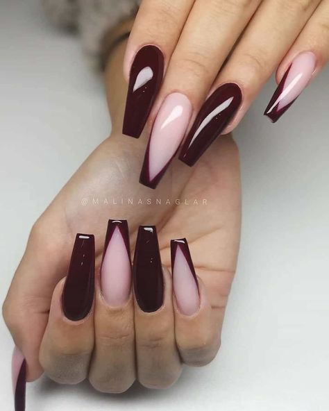 Deep Burgundy Nail Designs Deep Maroon Nails Design, Acrylic Nail Designs Burgundy And Gold, Burgundy And Pink Nails Acrylic, Wedding Nails Bridesmaid Burgundy, Bergandi Nails, Valentines Day Nails Burgundy, Deep Burgundy Nail Designs, Cabernet Nail Designs, Burgundy And White Nails Acrylic