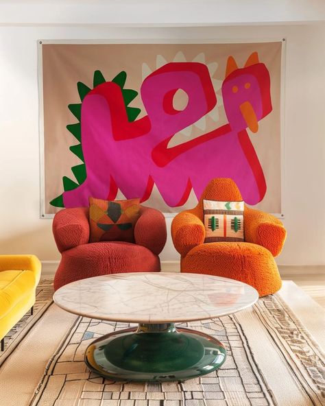 Gregory B (@gregorybstudio) • Instagram photos and videos Painted Tapestry, Funky Living Rooms, Bright Color Schemes, Small Couch, Playful Decor, Arch Interior, Quirky Decor, Mid Century Coffee Table, Colorful Space