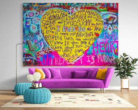 Graffiti Love Heart Colorful Bright Street Pop Art Canvas Print Wall Decor Modern Motivation Extra Large Urban Ready to Hang Painting - Etsy Painting Words On Canvas, Artsy Living Room, Multicolor Painting, Street Pop Art, Artwork Living Room, Street Art Style, Pop Art Decor, Whimsical Wall Art, Funky Wall Art