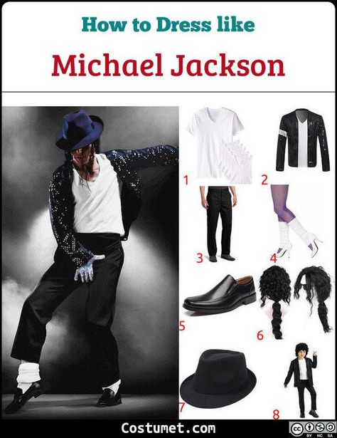 For Billie Jean, Michael wore a white, V-neck undershirt tucked into black slacks, a black sequined jacket, white leg warmers, black loafers, a single silver sequined glove, and a black fedora.             #Artist #male #icon #black #personality #pop #MichaelJackson Michael Jackson Bad Costume, Michael Jackson Halloween Costume, Michael Jackson Zombie, Michael Jackson Halloween, Billie Jean Michael Jackson, Michael Jackson Party, Michael Jackson Costume, Michael Jackson Outfits, White Leg Warmers