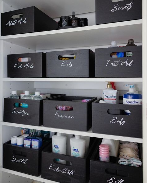 Cleaner Organization Ideas, Deodorant Organizer, Feminine Products Storage, Bathroom Organization Storage Bins, Laundry Products Storage, Kitchen Storage Labels, Bathroom Organization Labels, Home Edit Labels, Toiletry Storage Ideas