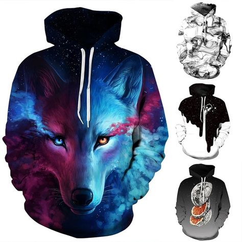 Cool Wolf Print Autumn Winter Fashion Casual Shirts Men Women Couple Hoodie Tops Long Sleeves Hooded Front Pocket Sweatshirts Pullovers Galaxy Wolf, Wolf Hoodie, Shirt Casual Style, Space Galaxy, Couples Sweatshirts, Couples Hoodies, Winter Hoodies, Jacket For Men, Hooded Pullover