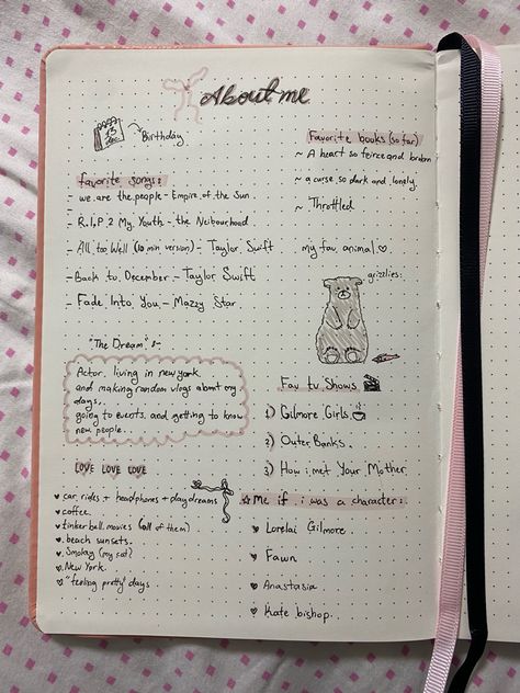 Favorites, characters, journaling, journal inspo, journal ideas, 2024, goals, vision board, pink aesthetic Basic Journal Ideas, About Me Bullet Journal Ideas Aesthetic, Journalling Layout, Pretty Journal Pages Layout, Favorite Characters Journal, About Me Bullet Journal Aesthetic, Journal Aesthetic Pages, 2024 Goals Journal, Journal Ideas Introduction