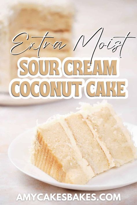 This extra-moist sour cream coconut make uses the reverse creaming technique, giving it an incredibly moist, soft, and rich texture. Light and fluffy but remarkably delicious, this bakery recipe from Amycakes is one of the most-loved. If you want a summery and tropical delicious dessert, this sour cream coconut cake fits the bill perfectly. Learn how to make it on our blog. Sour Cream White Cake, Amycakes Bakery, Coconut Cream Cake Recipe, Moist Coconut Cake Recipe, Cream Coconut Cake, Sour Cream Coconut Cake, Pastry Cake Recipes, Coconut Cakes, Coconut Cream Cake