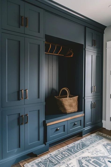 Chic Farmhouse Mudroom Ideas to Inspire You Mudroom Bench With Tall Cabinet, Slate Floors Mudroom, Blue Grey Mudroom, Small Hallway Mudroom, Fun Mudroom Ideas, Dark Wood Mudroom, Mudroom Corner Cabinets, Back Entry Mudroom, Formal Mudroom