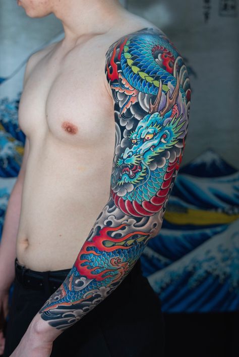 Traditional Japanese Tattoo Sleeve, Blue Dragon Tattoo, Dragon Tattoo Arm, Dragon Tattoo Meaning, Traditional Japanese Tattoo Designs, Tattoo Japanese Style, Red Dragon Tattoo, Dragon Tattoos For Men, Dragon Sleeve