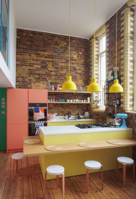 Eccentric Kitchen, Yellow Pendant Light, Ikea Sinks, Interior Design Institute, Breakfast Bar Kitchen, French Bakery, Yellow Bathrooms, Yellow Kitchen, Kitchen Colors