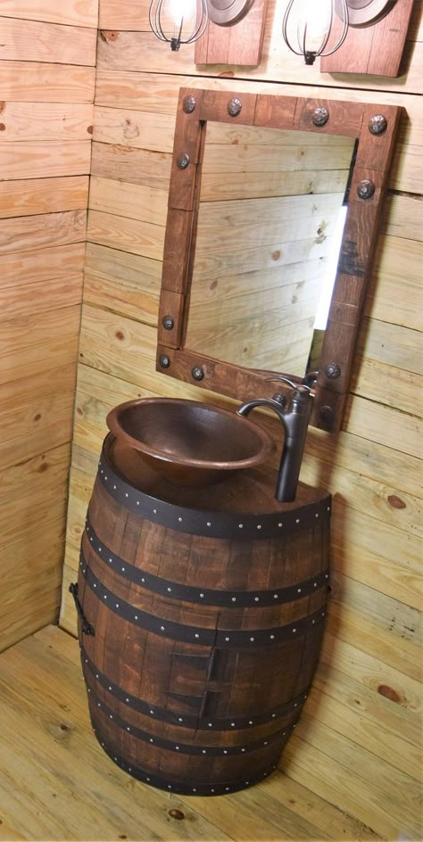 Barrel Bathroom Sink, Barrel Sink Bathroom, Copper Sink Faucet, Rustic Cabin Bathroom, Barrel Sink, Barrel Projects, Wine Barrel Furniture, Barrel Ideas, Bathroom Faucets Waterfall