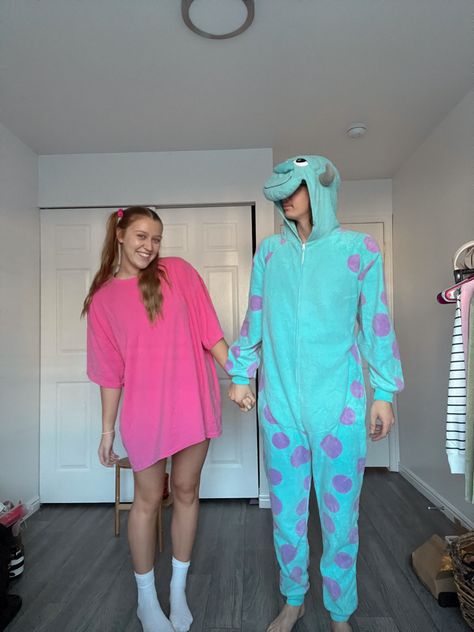 Mile And Sully Costumes, Sully Boo Costume, Silly And Boo Couples Costume, Monster Inc Couple Costume, Monsters Inc Costumes Couple, Silly And Boo Costume, Boo Halloween Costume Monsters Inc, Monsters Inc Couples Costume, Bf And Gf Halloween Costumes Cute