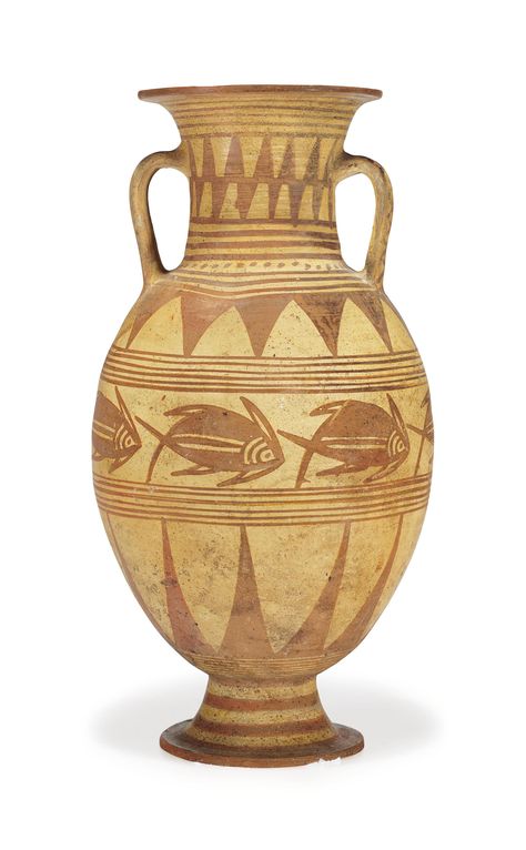 AN ETRUSCAN POTTERY AMPHORA  CIRCA 625-600 B.C.  Decorated with a central frieze of fish in profile to the right, narrow bands and rays above and below, a band of dots at the base of the neck, broad bands on the foot, alternating triangles and bands on the neck, zigzag on the strap handles and the flat rim 17¾ in. (45.1 cm.) high Ancient Greek Pottery, Egyptian Design, Greek Pottery, Pueblo Pottery, Ancient Pottery, Italian Culture, Ceramics Ideas Pottery, Visionary Art, Pottery Designs