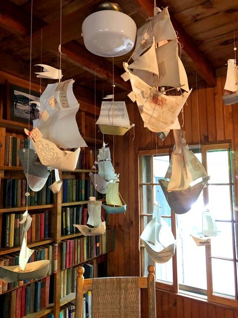 a paper ship installation and other notes from the forest – ann wood handmade Big Project Ideas, Paper Mache Wall Art Decor, Handmade Design Ideas, Adventure Bedroom, Guilford Connecticut, Paper Boats, Decoration Vitrine, Ann Wood, Art Retreats