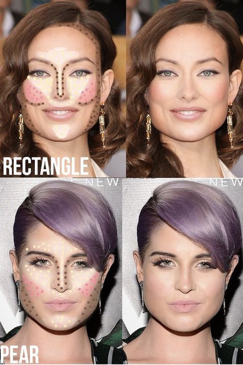 Contour Map for Rectangle and Pear Shaped Faces Face Shape Contour, Pear Shaped Face, Rectangle Face Shape, Rectangle Face, Eye Makeup Application, Makeup For Older Women, Face Shape Hairstyles, Greasy Hair Hairstyles, Edgy Makeup