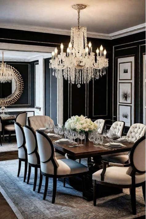 Dining Rooms With Black Furniture, Luxury Dining Room Chairs, Modern Dining Room Ideas Luxury, Formal Dining Room Ideas, Havenly Dining Room, Timeless Dining Room, Luxury Dining Room Decor, Dining Room Glam, Dining Room Trends