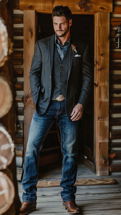 a groom wears jeans and cowboy boots, western outfits Country Man Wedding Attire, Modern Cowboy Style Men Wedding, Mens Cowboy Wedding Attire, Western Sports Coat And Jeans Men, Mens Nfr Fashion, Groom Attire Rustic Jeans Cowboy Boots, Jeans And Blazer Wedding Men, Mens Outfit Cowboy Boots, Western Cocktail Attire For Men