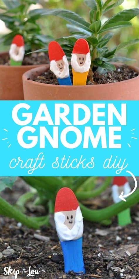 Garden Gnome Craft Sticks DIY | Skip To My Lou Diy Garden Gnomes, Gnomes Crafts For Kids, Garden Gnomes Diy, Garden Crafts For Kids, Forest Crafts, Fun Diy Craft Projects, Weekend Crafts, Gnomes Diy, Diy Crafts For Kids Easy