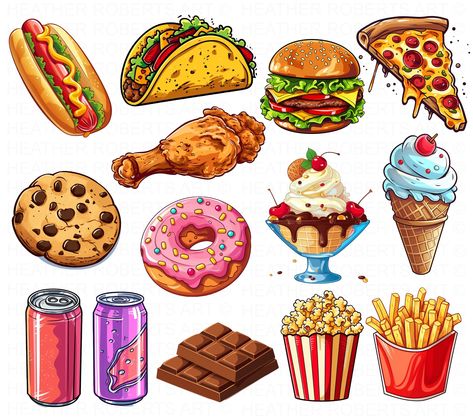 Junk Food Clipart Set, Fast Food Clipart Set, Burger PNG, Pizza PNG, Tacos png, Hotdog Sandwich png, Ice Cream png, Chocolate png, Donut PNG Pizza Stickers Printable, Printable Food Stickers, Food Stickers Printable, Fast Food Drawing, Food Sticker Design, Junk Food Stickers, Junk Food Clipart, Fast Food Stickers, Burger Png