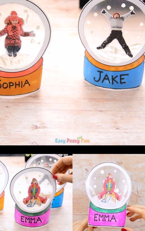 Class Snow Globe Craft, Christmas Decoration Kids Craft, Snowglobe Picture Ornaments Diy, Student Snow Globe Craft, Snow Globe Activity, Snow Kids Crafts, Snowglobe Preschool Craft, Contact Paper Snow Globe, Winter Craft With Kids Picture