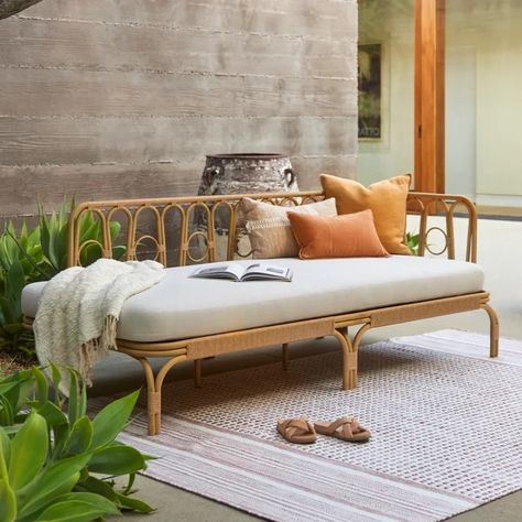 8 Patio Pieces to Make Your Cottage-Core Dreams Come True - Western Living Magazine Mid Century Modern Outdoor, Rattan Daybed, Furniture Rattan, Modern Outdoor Patio, White Terrazzo, Outdoor Pouf, Mid Century Modern Dining, Day Bed, Rattan Sofa