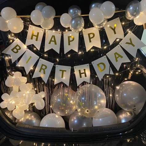 Birthday Celebration In Car, Car Bday Decorations, Car Decoration For Birthday Surprise, Bday Decoration In Car, Decorated Car For Birthday, White Birthday Aesthetic, Car Trunk Surprise Ideas, Bye Bye Single Life, 2025 Aura