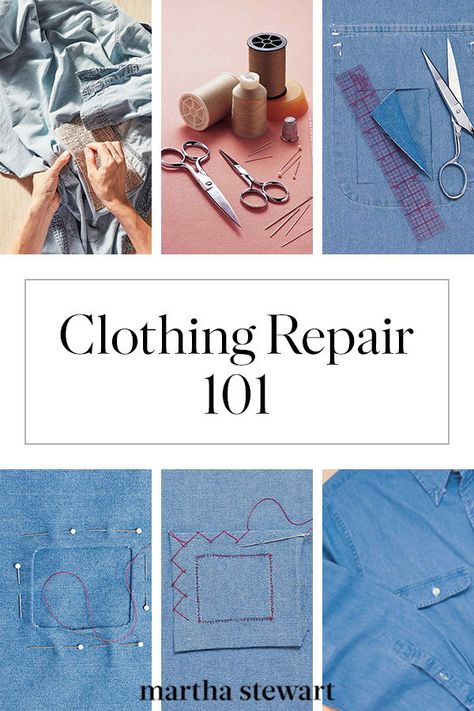 Clothing Repair 101: How to Patch a Hole, Mend a Seam, and Fix a Hem | Tailor-made clothes are at your fingertips. With a few simple sewing supplies and essential techniques from Martha Stewart's Homekeeping Handbook, you can repair your go-to garment to look like new.  #sewing #sewingprojects #clothingrepair #marthastewart Sewing Holes In Clothes, Mending Ideas, Holes In Clothes, Creative Mending, Sewing Holes, Clothing Repair, Mending Clothes, Sewing Alterations, Make Do And Mend